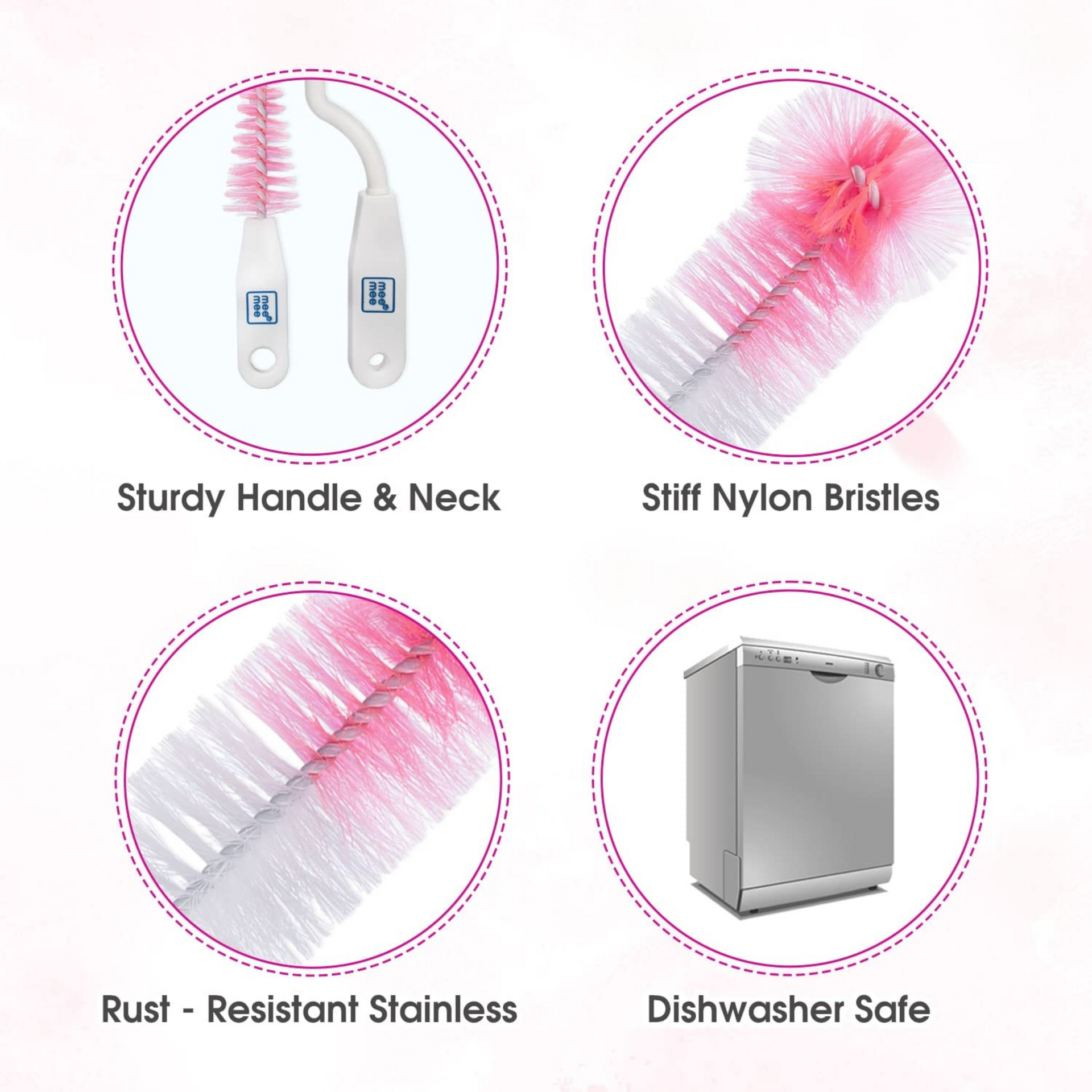 Mee Mee 360° Movable Nylon Bristle Baby Feeding Bottle & Nipple Cleaning Brush | Ergonomic Handle | Easy to Clean Bottle Corners for Narrow Neck & Wide Neck | BPA Free, Easy Hanging Storage | Pink