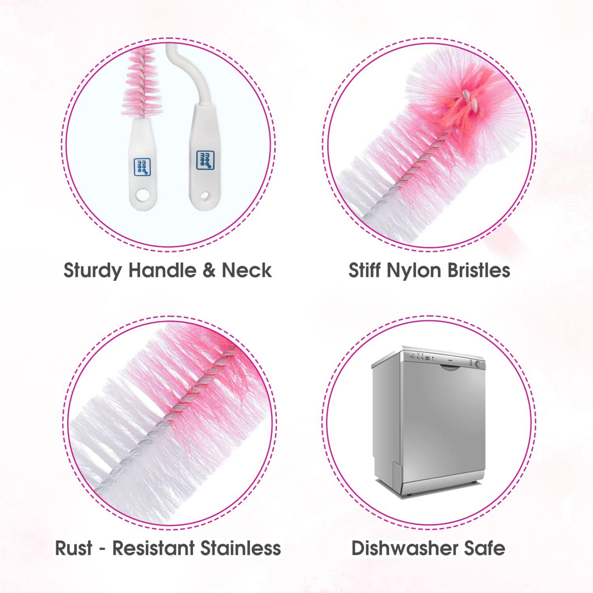 Mee Mee 360° Movable Nylon Bristle Baby Feeding Bottle & Nipple Cleaning Brush | Ergonomic Handle | Easy to Clean Bottle Corners for Narrow Neck & Wide Neck | BPA Free, Easy Hanging Storage | Pink