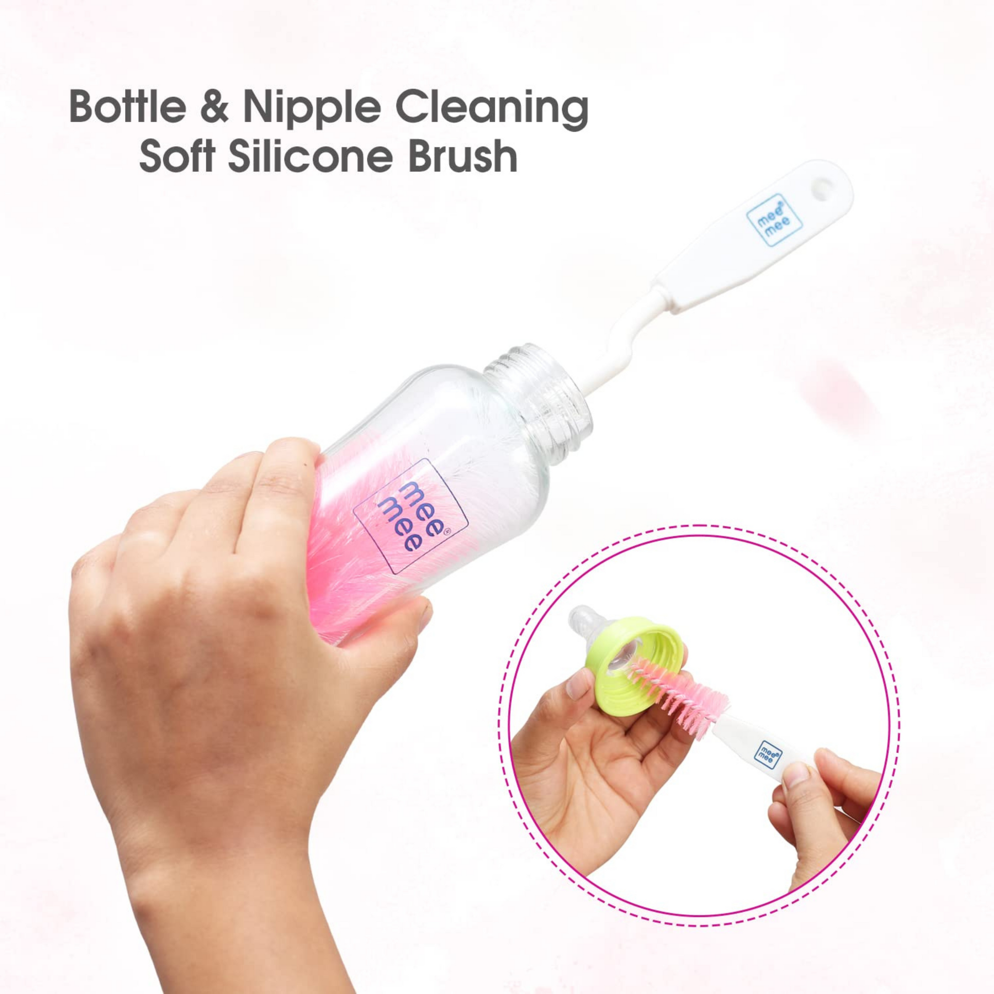 Mee Mee 360° Movable Nylon Bristle Baby Feeding Bottle & Nipple Cleaning Brush | Ergonomic Handle | Easy to Clean Bottle Corners for Narrow Neck & Wide Neck | BPA Free, Easy Hanging Storage | Pink