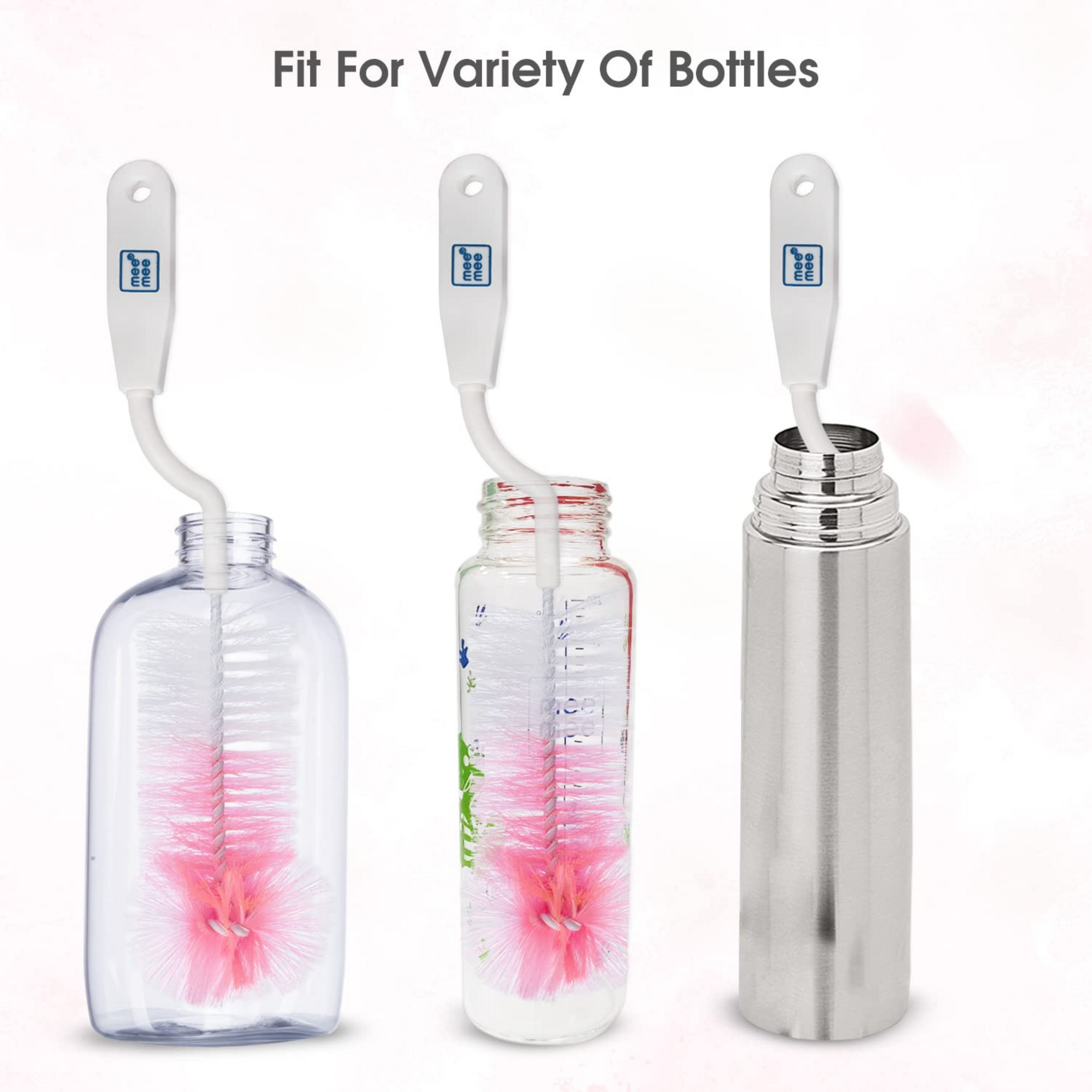 Mee Mee 360° Movable Nylon Bristle Baby Feeding Bottle & Nipple Cleaning Brush | Ergonomic Handle | Easy to Clean Bottle Corners for Narrow Neck & Wide Neck | BPA Free, Easy Hanging Storage | Pink