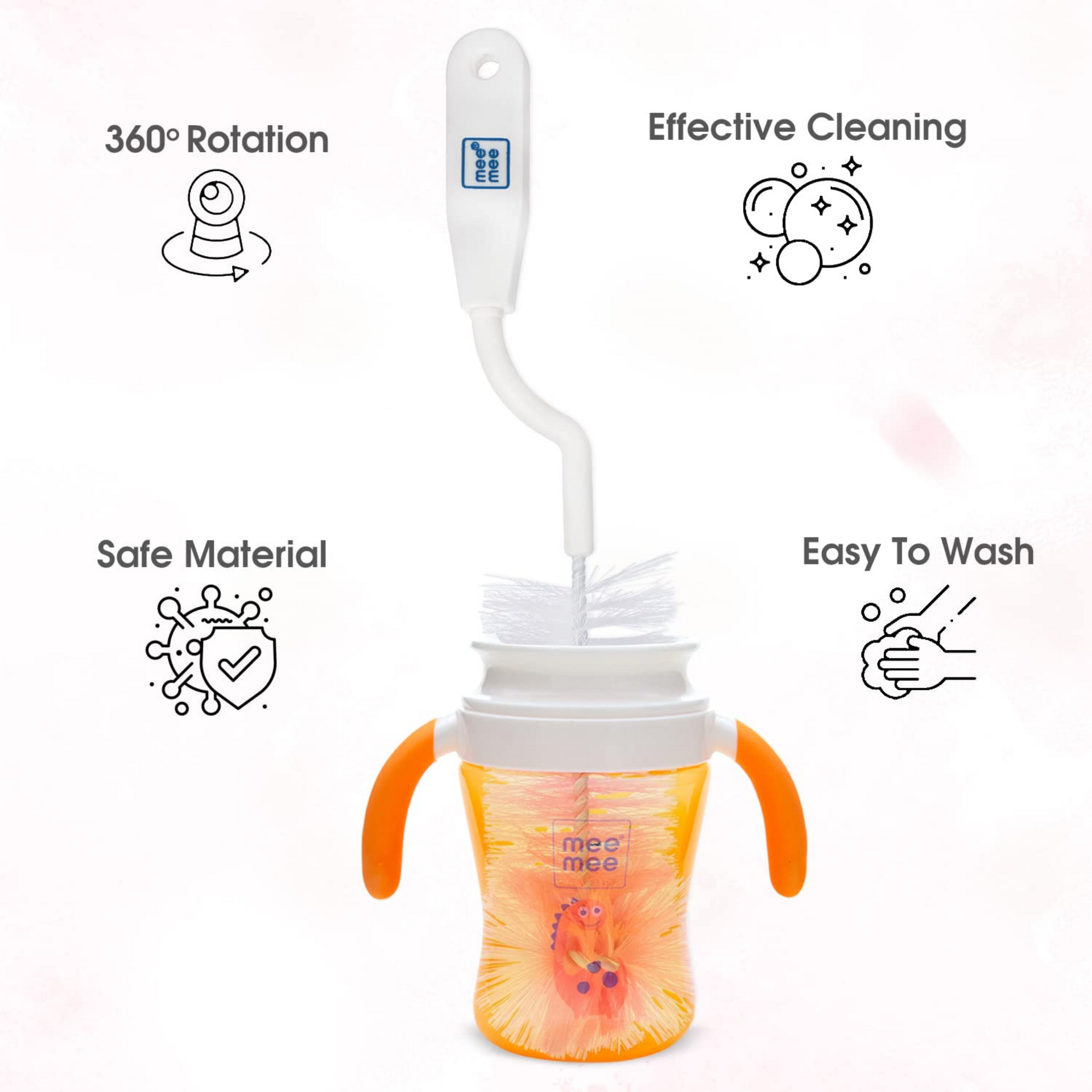 Mee Mee 360° Movable Nylon Bristle Baby Feeding Bottle & Nipple Cleaning Brush | Ergonomic Handle | Easy to Clean Bottle Corners for Narrow Neck & Wide Neck | BPA Free, Easy Hanging Storage | Pink