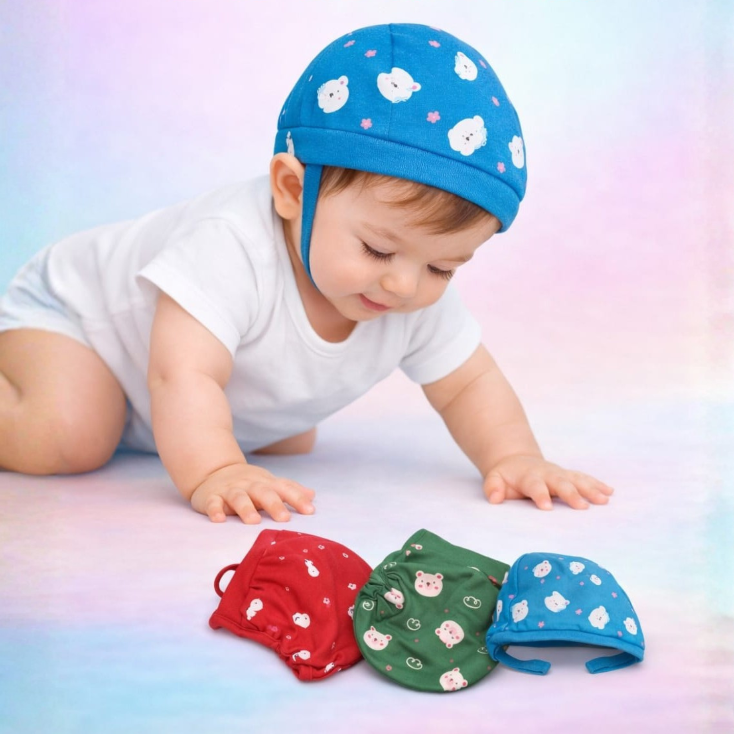 Smile Baby Newborn Cotton Caps – Soft Thermal Baby Caps with Chin Tie (Pack of 3, 0–12 Months)