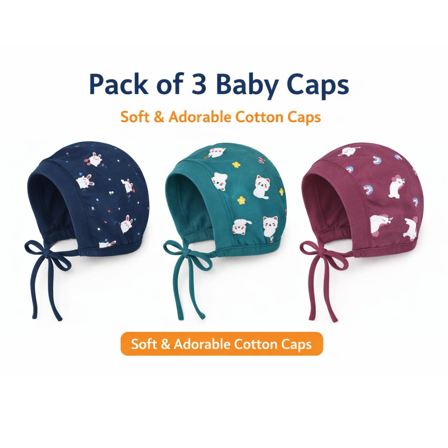 Smile Baby Newborn Cotton Caps – Soft Thermal Baby Caps with Chin Tie (Pack of 3, 0–12 Months)