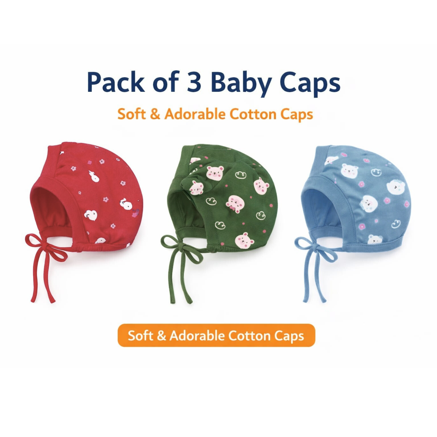 Smile Baby Newborn Cotton Caps – Soft Thermal Baby Caps with Chin Tie (Pack of 3, 0–12 Months)