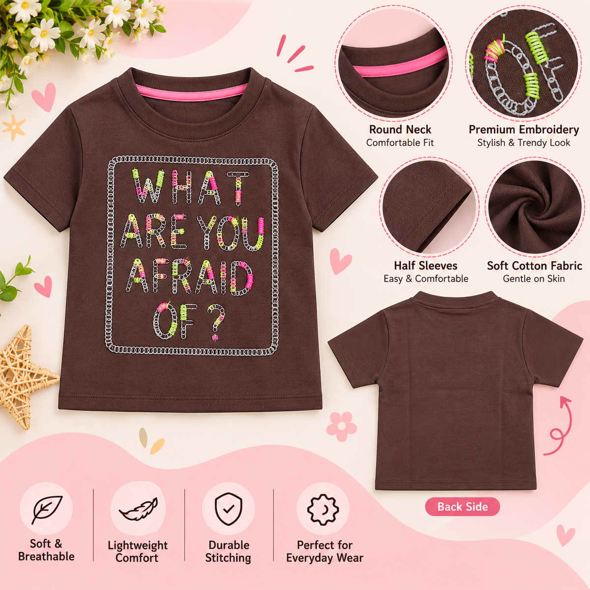 Smile Baby Girls Brown Graphic Embroidered Half Sleeve T-Shirt 