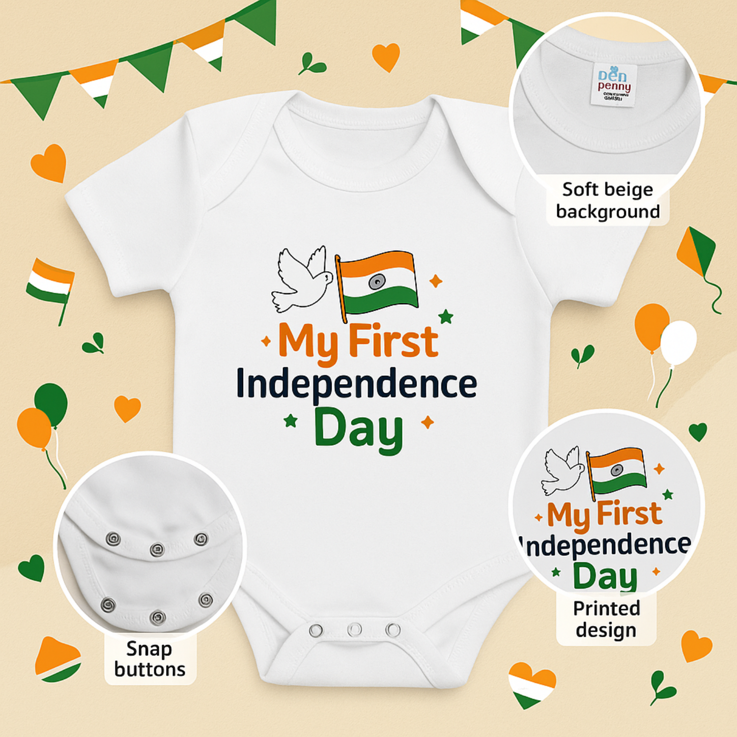 My First Independence Day Baby Romper – White | Unisex | NB–12 Months | Soft Cotton
