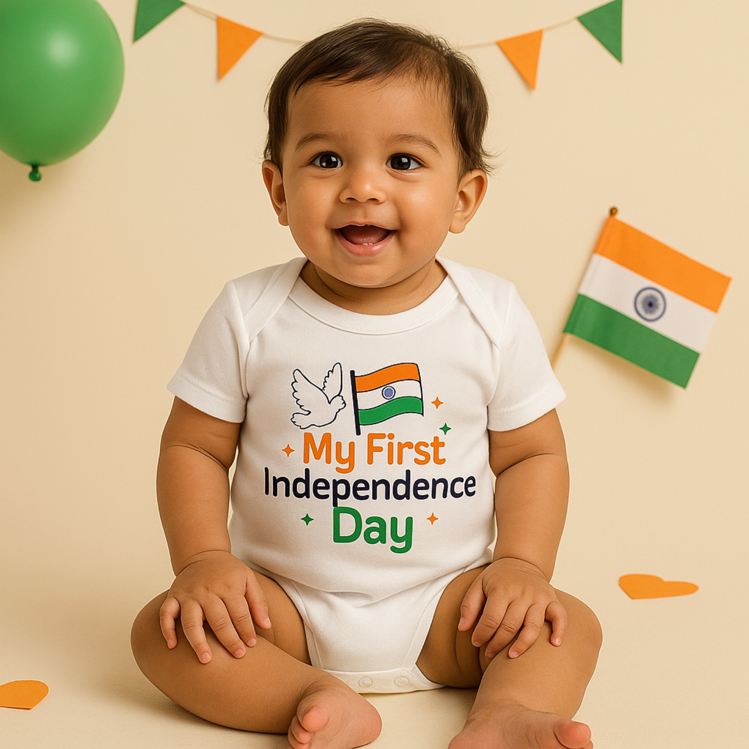 My First Independence Day Baby Romper – White | Unisex | NB–12 Months | Soft Cotton