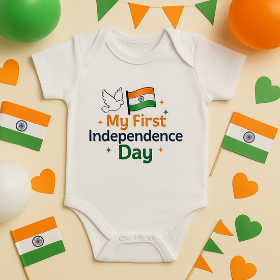 My First Independence Day Baby Romper – White | Unisex | NB–12 Months | Soft Cotton