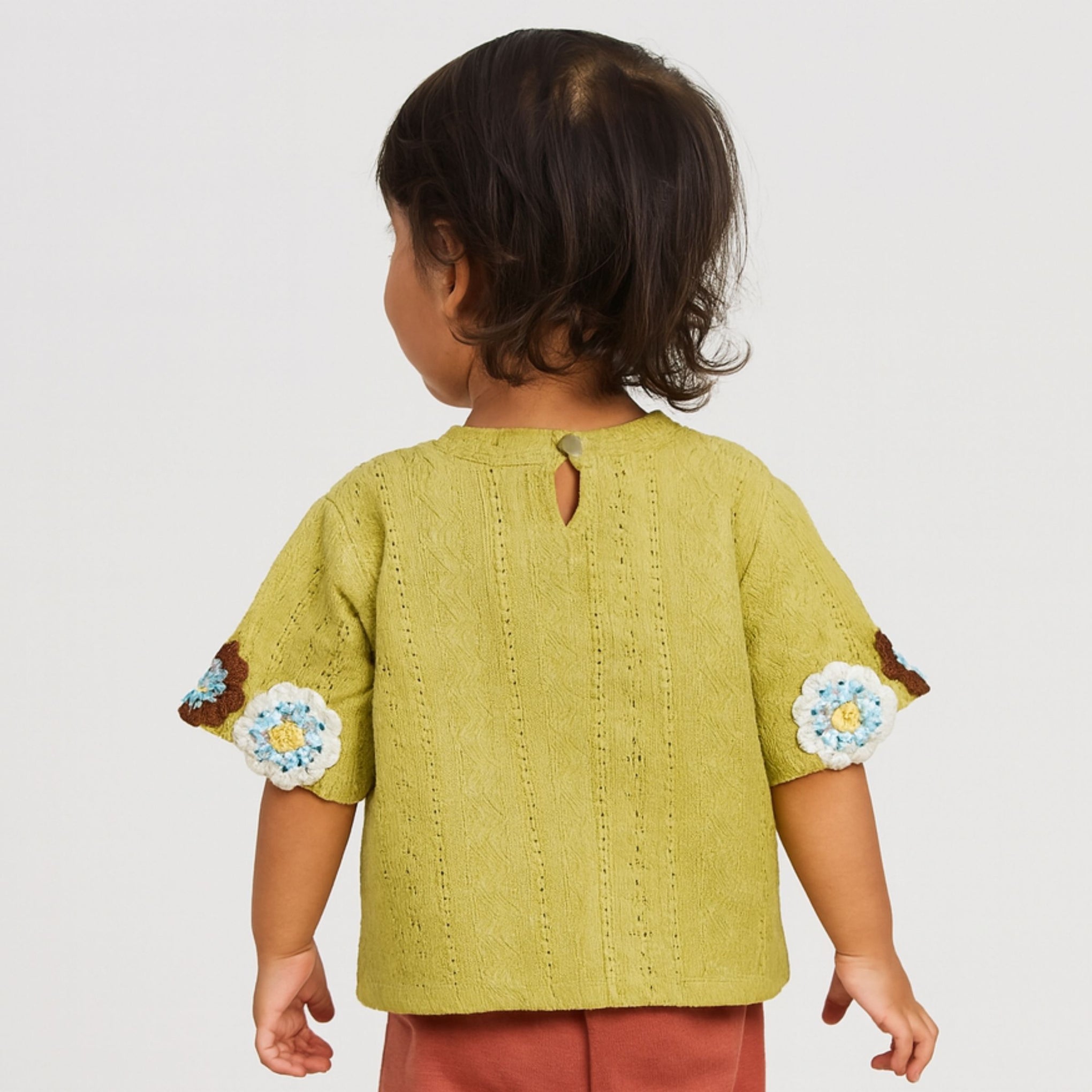 Smile Baby Cream & Green Embroidered Cotton Top for Girls | Age 12 Months to 14 Years