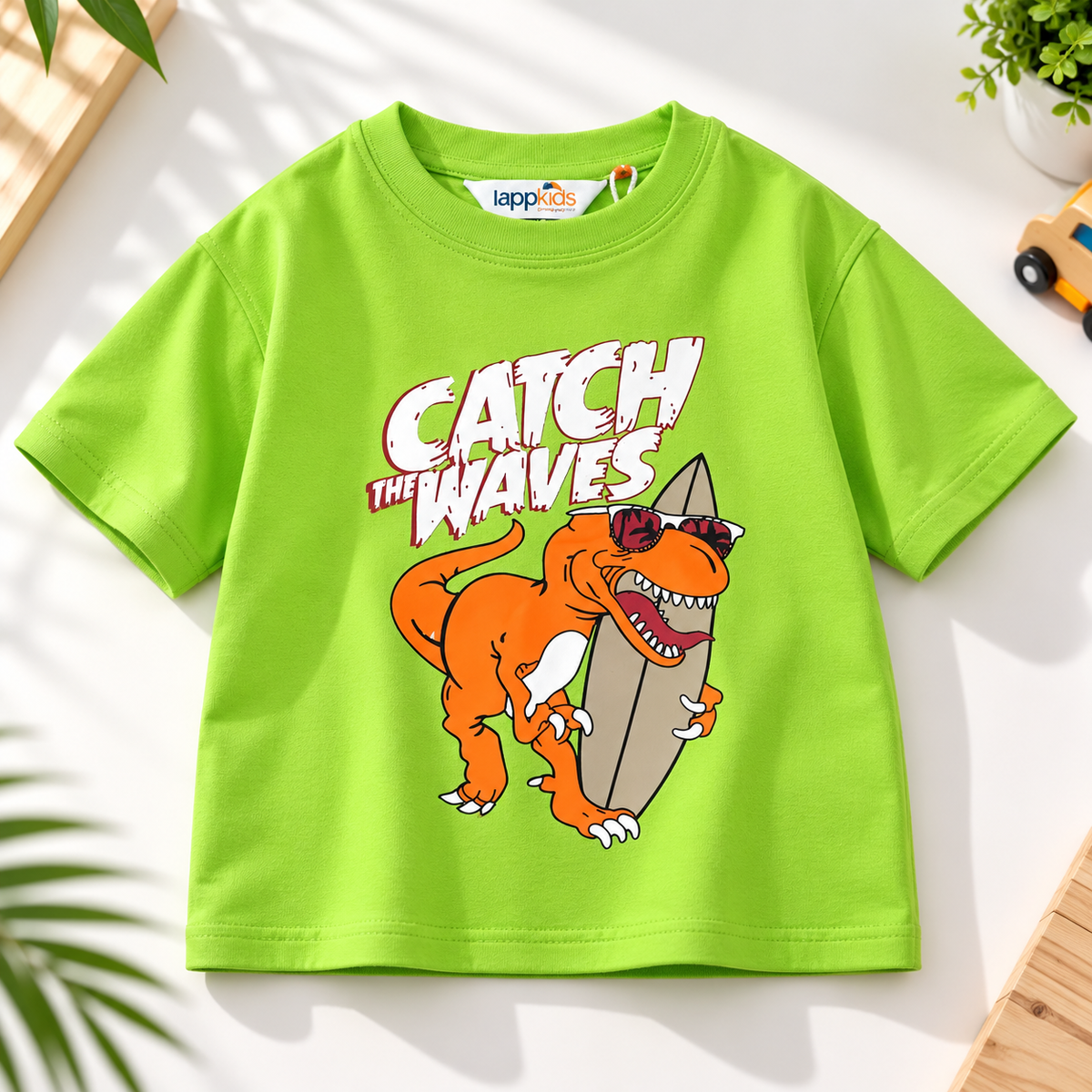 Smile Baby Kids Dinosaur Graphic Oversized T-Shirt – Green, Yellow & Orange 