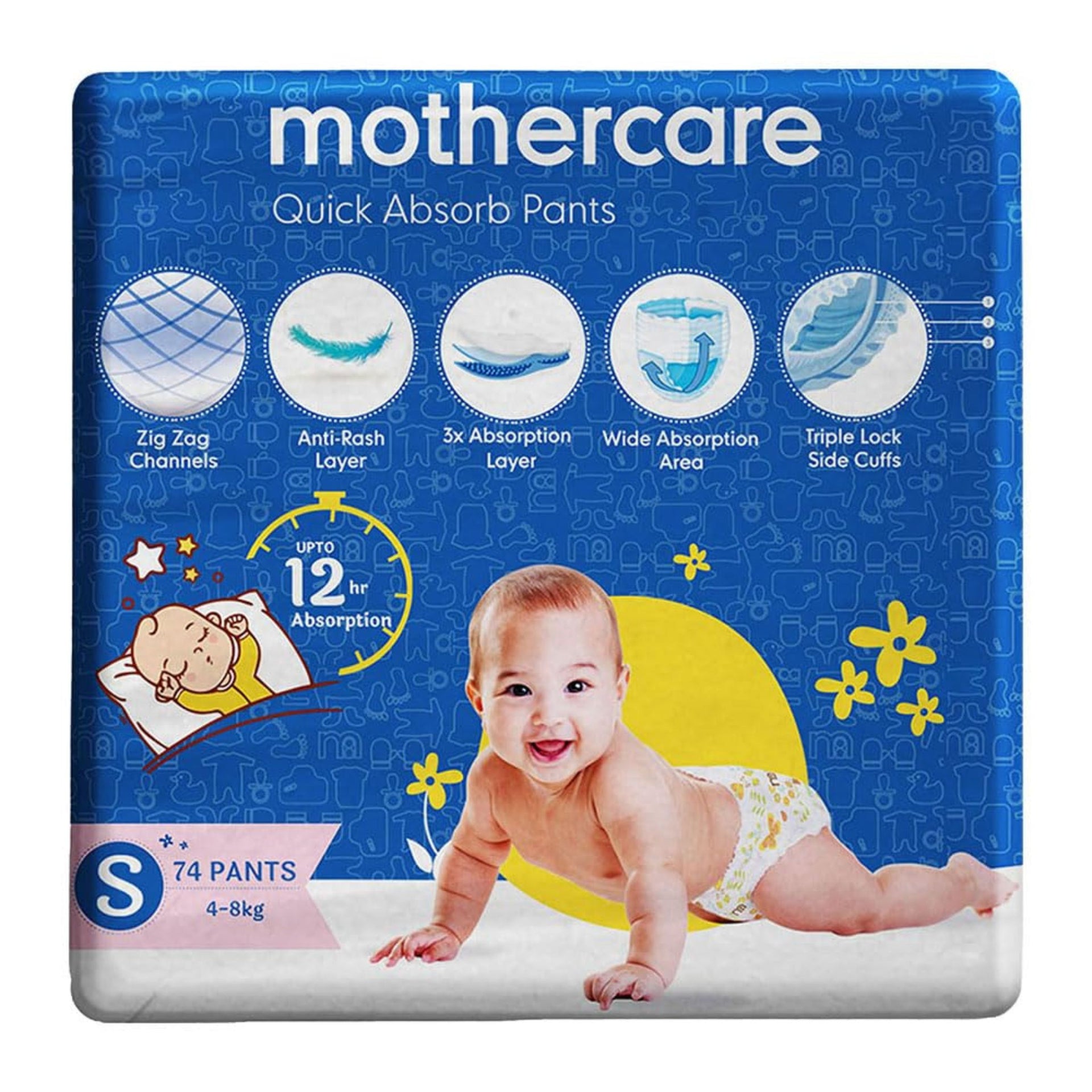 Mothercare Quick Absorb Baby Diaper Pants Size S (4–8 kg) | 74 Pants Pack | Up to 12 Hours Absorption | Anti-Rash Layer | Triple Lock Leak Protection