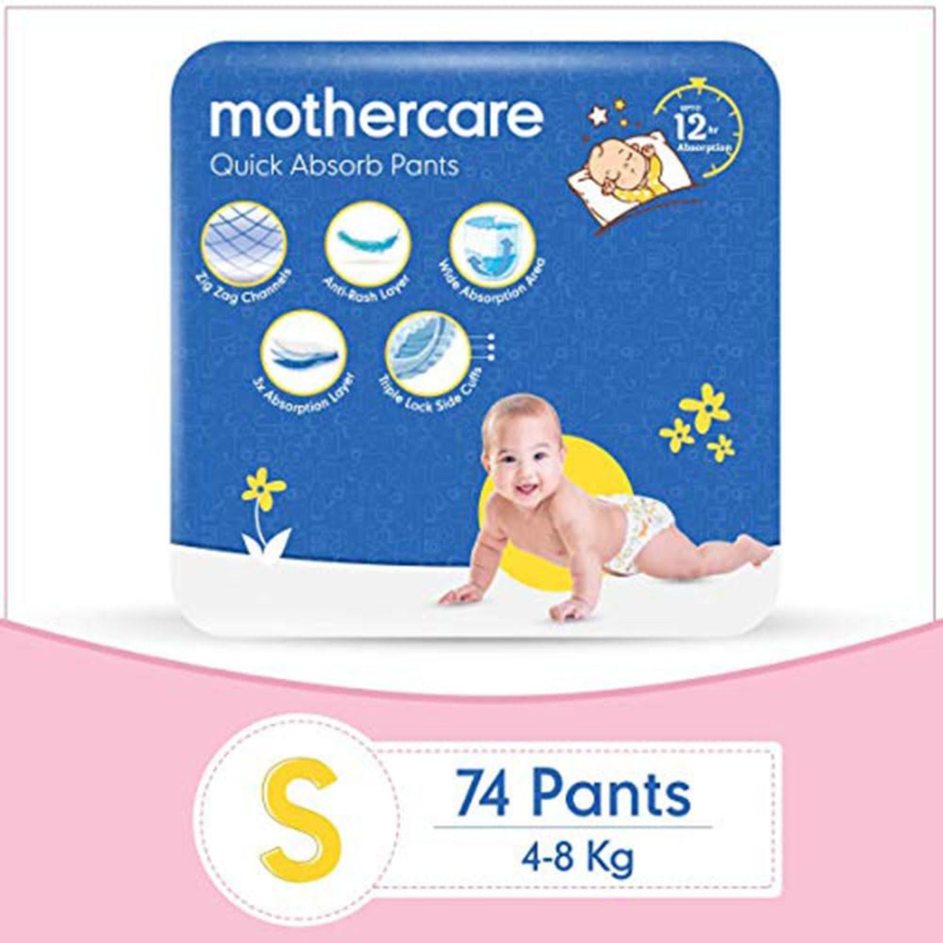 Mothercare Quick Absorb Baby Diaper Pants Size S (4–8 kg) | 74 Pants Pack | Up to 12 Hours Absorption | Anti-Rash Layer | Triple Lock Leak Protection