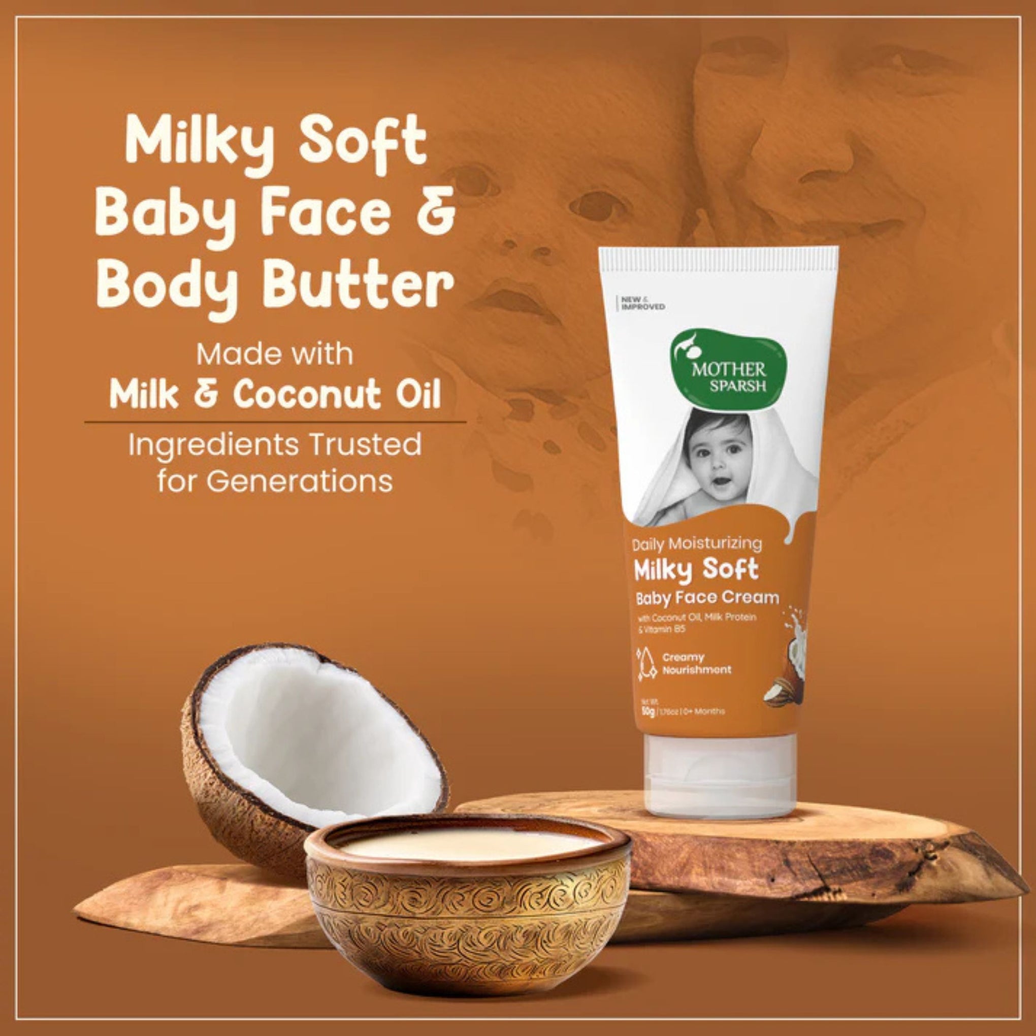 Mother Sparsh Milky Soft Baby Face Cream 50g | Daily Moisturizing Face Cream for Babies | With Coconut Oil, Milk Protein & Vitamin B5 | Gentle Nourishment from Birth