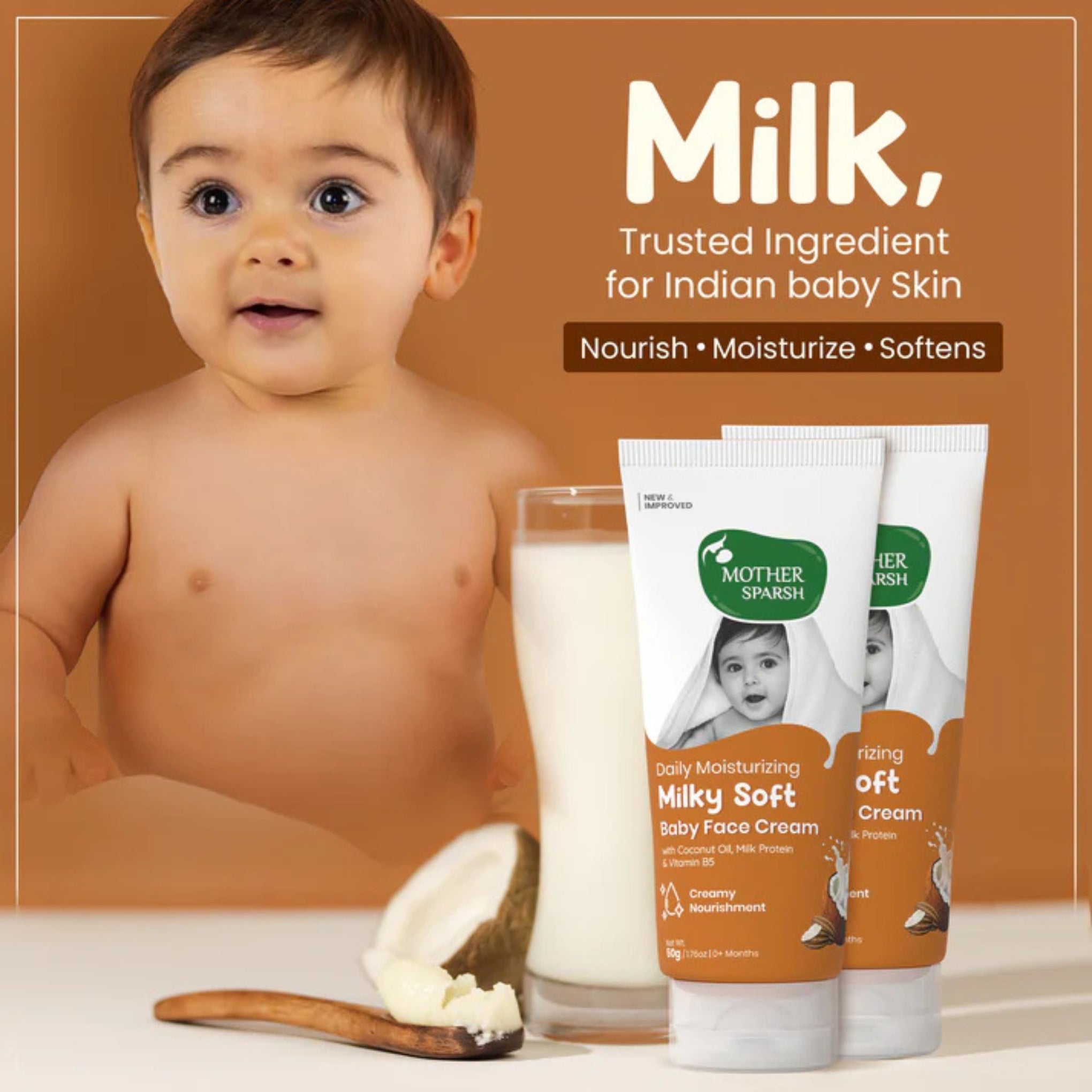 Mother Sparsh Milky Soft Baby Face Cream 50g | Daily Moisturizing Face Cream for Babies | With Coconut Oil, Milk Protein & Vitamin B5 | Gentle Nourishment from Birth