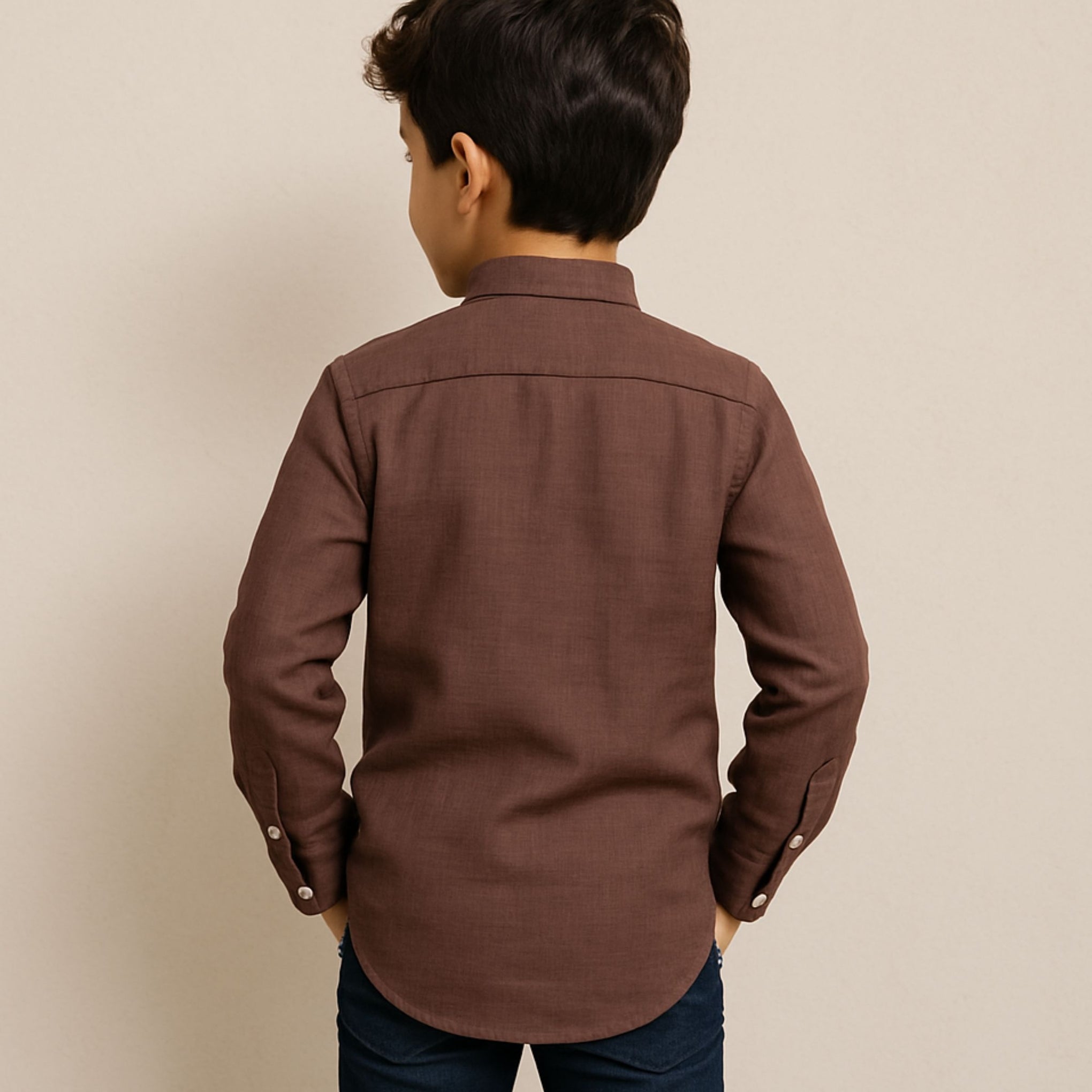 BLAZO premium cotton shirt for boys online. Full sleeve, Cadbury color, mandarin collar—perfect for festive, party, or casual wear. Ages 4–10 years.