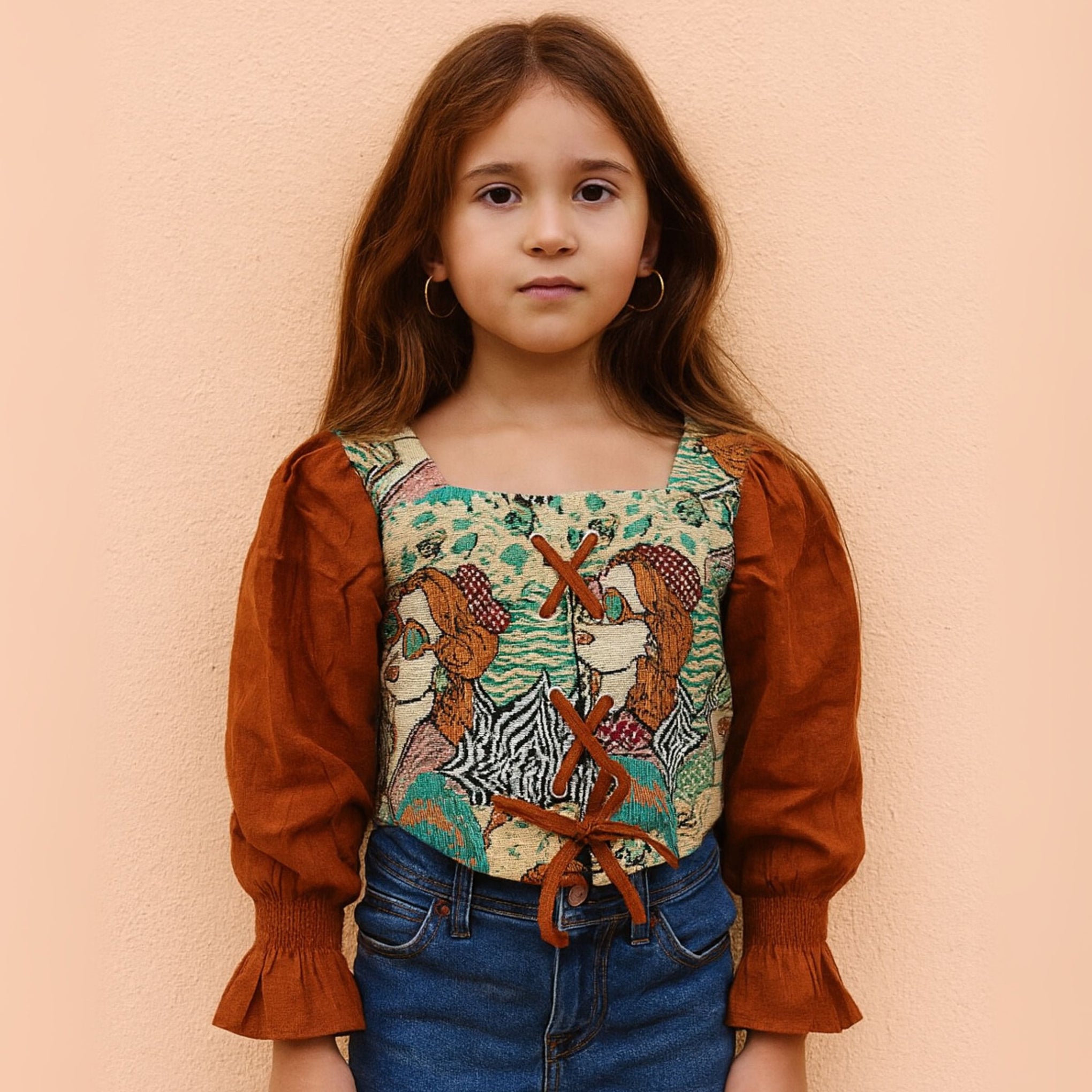 Smile Baby Girls’ Stylish Printed Top with Puff Sleeves – Fawn & Rust | Age 5–14 Years