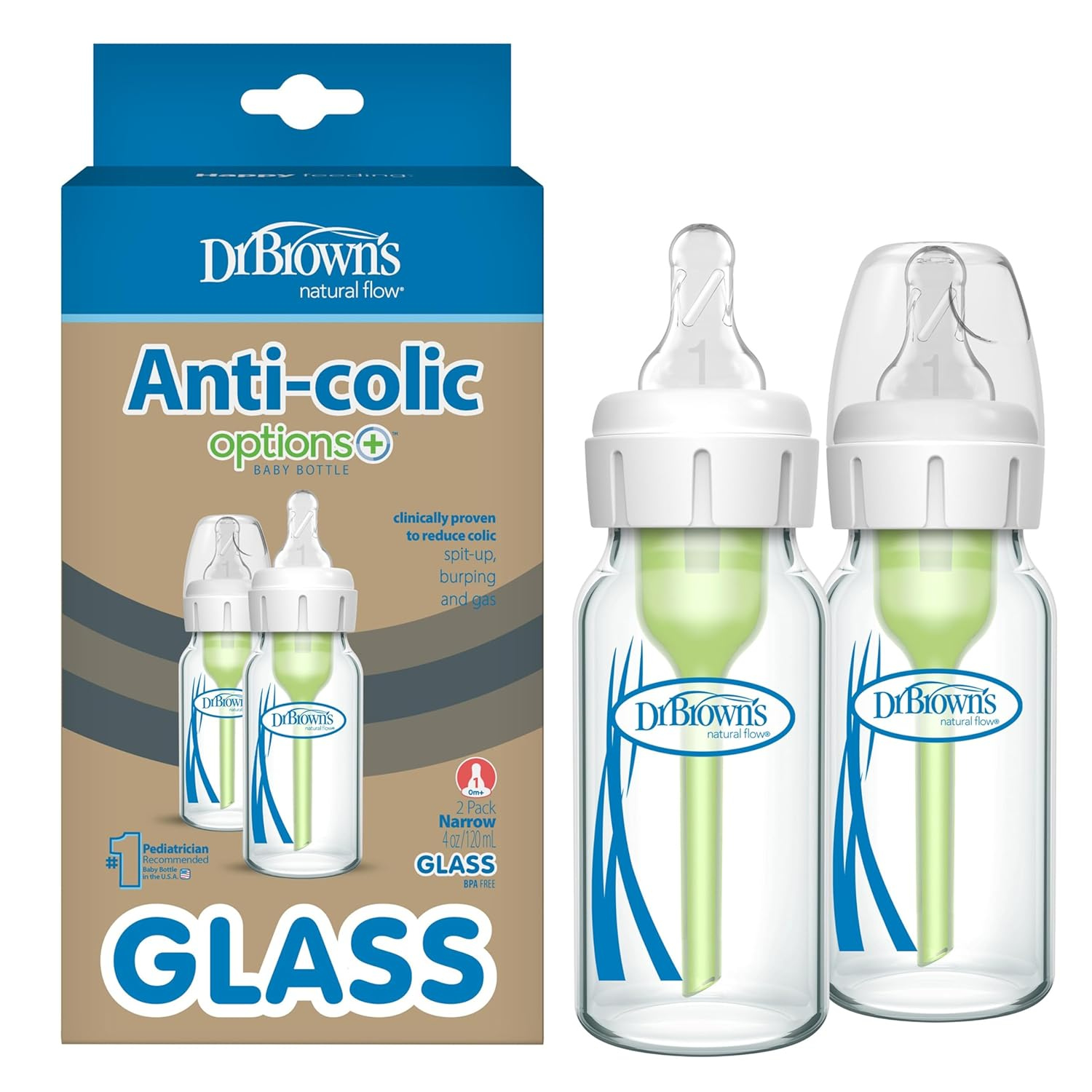 Dr. Brown's Natural Flow Anti-Colic Glass Baby Bottles 120ml (4oz) | Narrow Neck Feeding Bottles with Level 1 Nipple & Internal Vent System | BPA-Free | 2 Pack