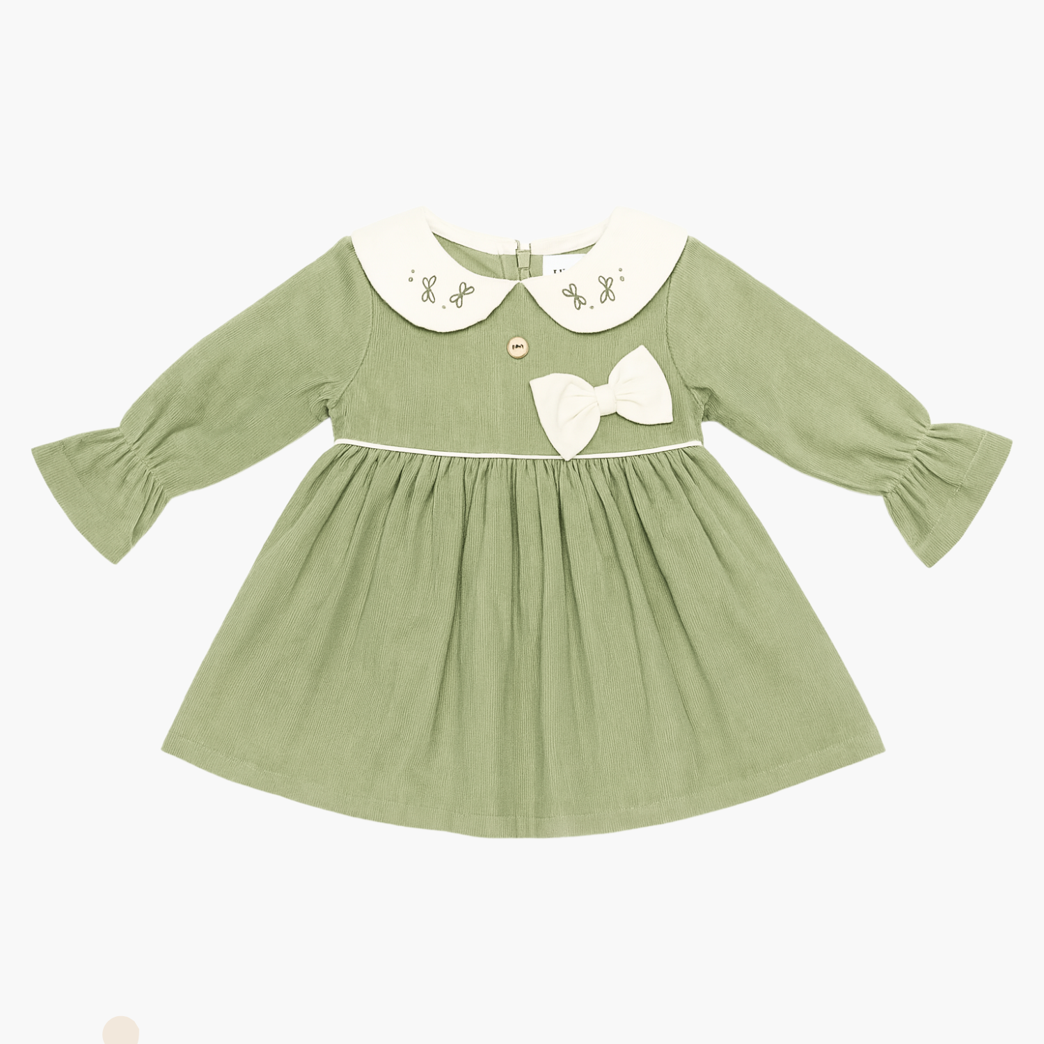 Orrigany Baby Girls Cotton Frock – Olive Green Long Sleeve Dress with Peter Pan Collar & Bow | Elegant Daily & Party Wear (1–4 Years)