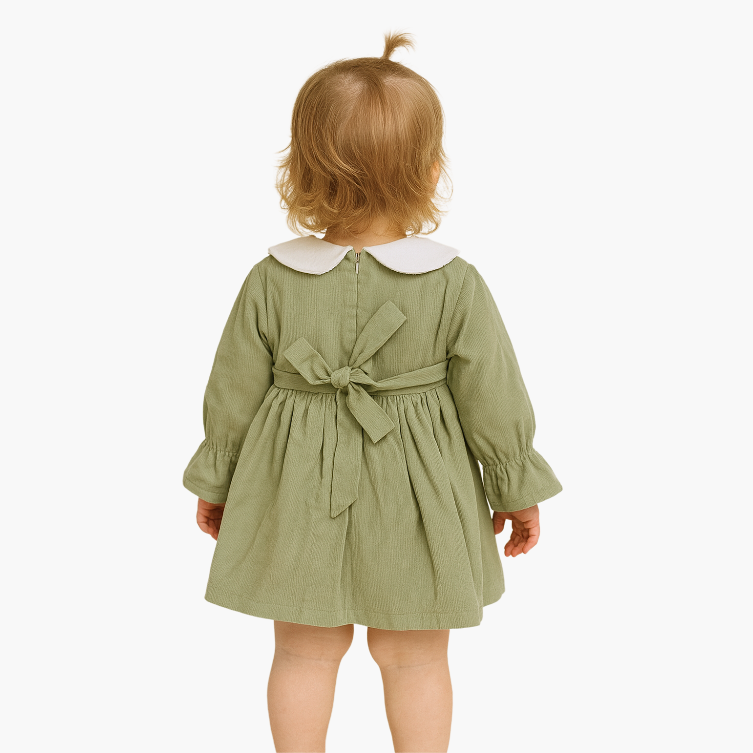 Orrigany Baby Girls Cotton Frock – Olive Green Long Sleeve Dress with Peter Pan Collar & Bow | Elegant Daily & Party Wear (1–4 Years)