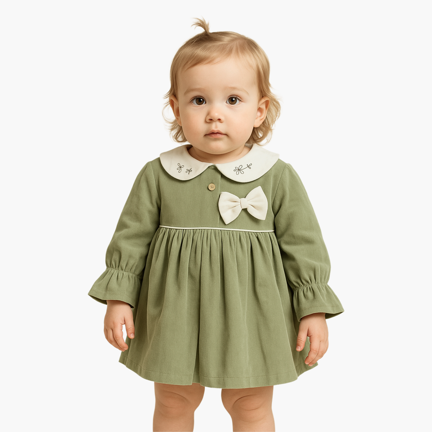 Orrigany Baby Girls Cotton Frock – Olive Green Long Sleeve Dress with Peter Pan Collar & Bow | Elegant Daily & Party Wear (1–4 Years)