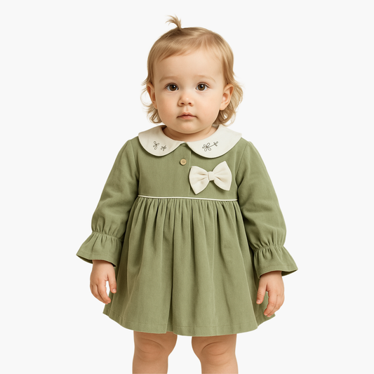 Orrigany Baby Girls Cotton Frock – Olive Green Long Sleeve Dress with Peter Pan Collar & Bow | Elegant Daily & Party Wear (1–4 Years)