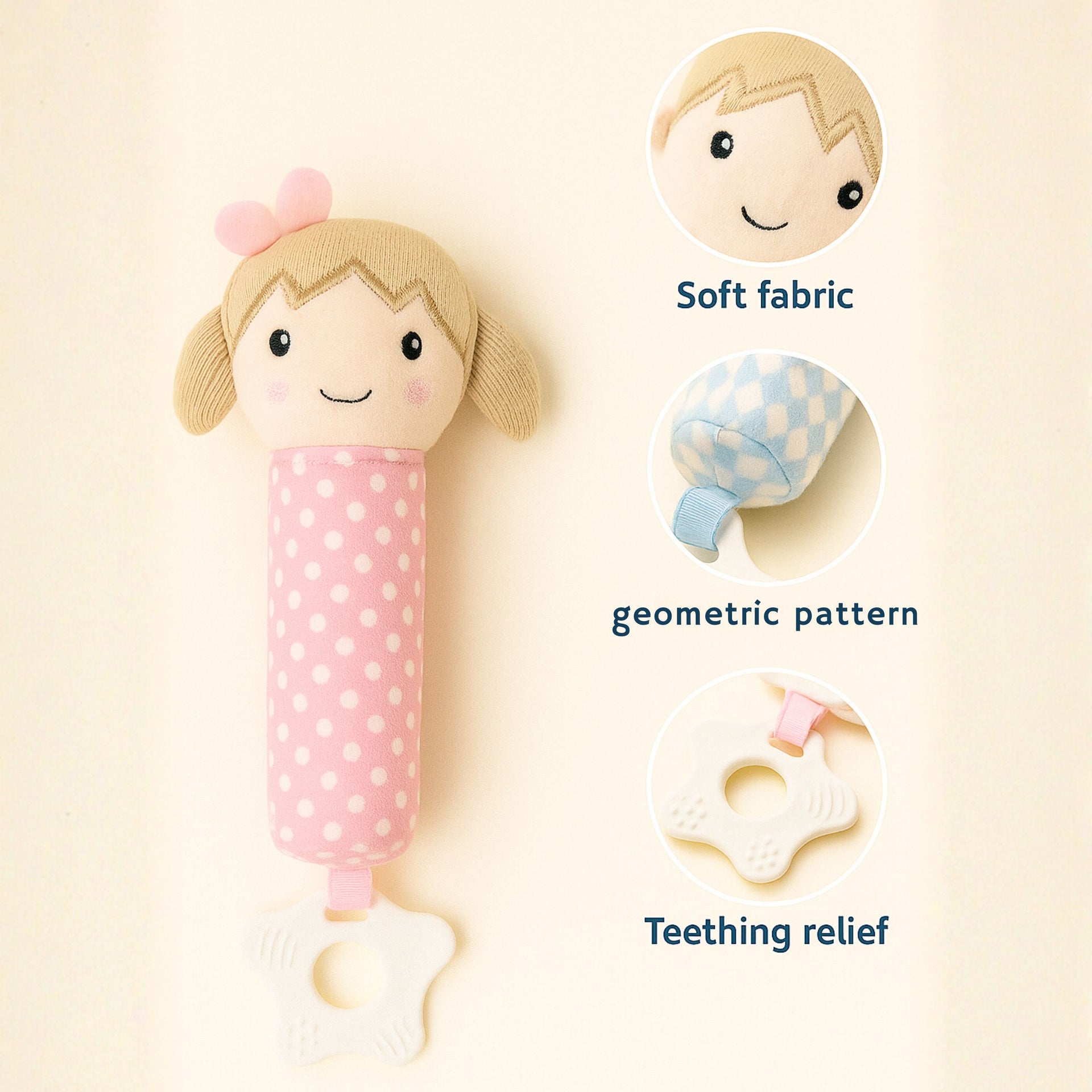 Smile Baby Soft Plush Hand Rattle with Teether for Babies | Cute Boy & Girl Design | Safe, Washable & Easy-to-Hold Toy for Newborns