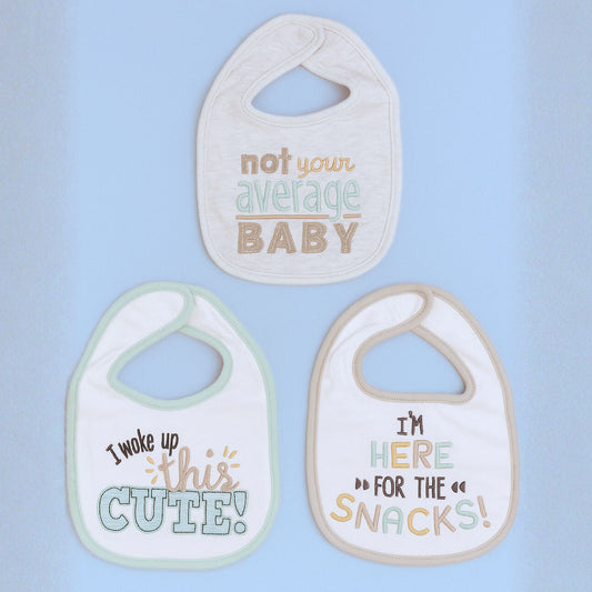 Smile Baby 3-Pack Soft Cotton Baby Bibs Set | Cute Embroidered Feeding Bibs with Funny Quotes | Absorbent & Adjustable Velcro Closure