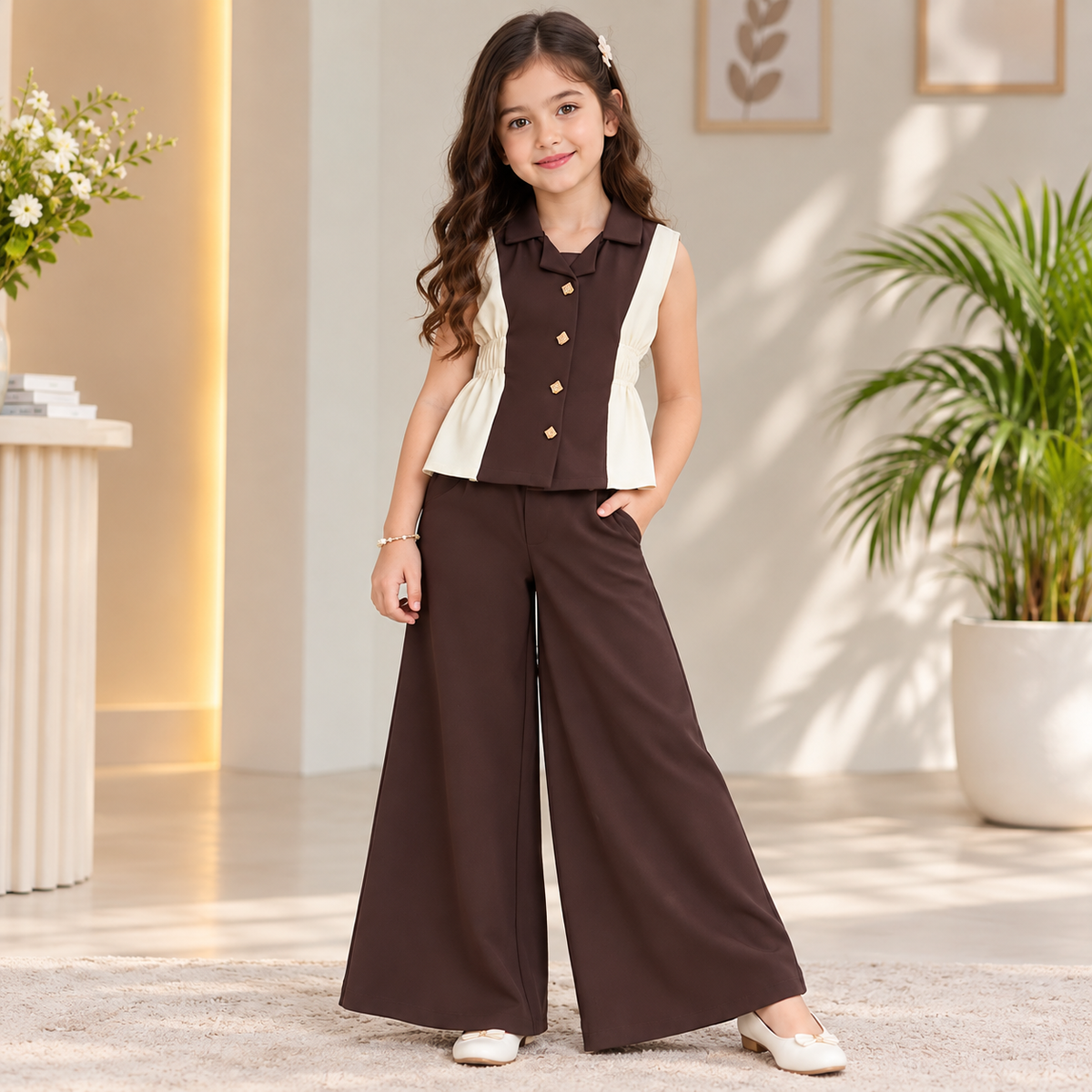 SMILE BABY Girls Premium Sleeveless Collared Top & Wide-Leg Pants Co-Ord Set 
