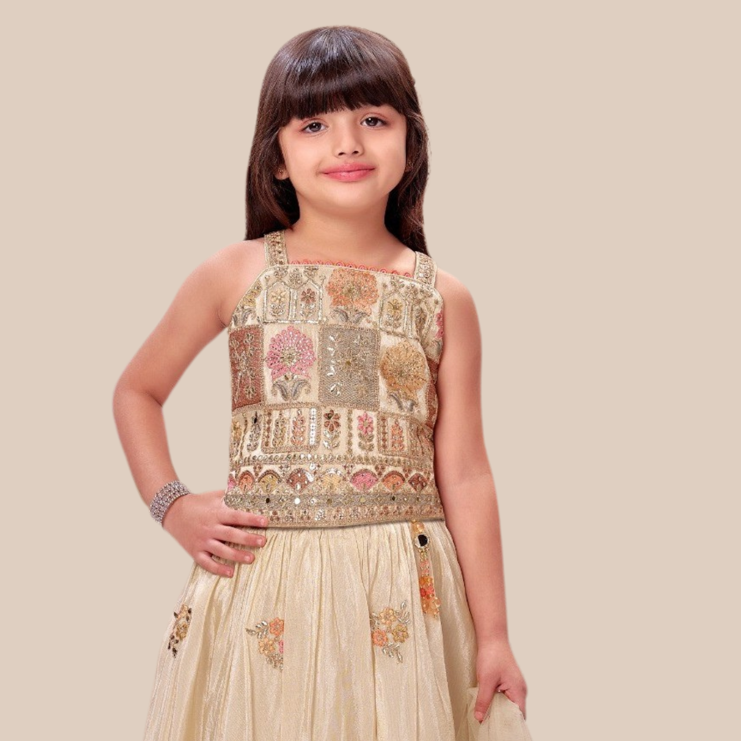Fawn Embroidered Lehenga Choli Set for Girls – Festive & Party Wear