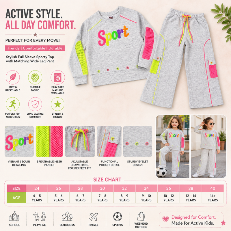 Smile Baby Girls Sport Co-Ord Set | Grey Full Sleeve Sweatshirt & Pants | Neon Detail | Kids Casual Wear 