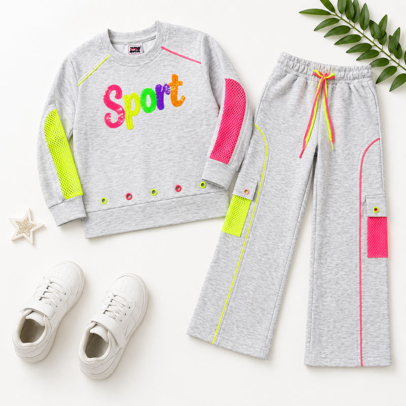 Smile Baby Girls Sport Co-Ord Set | Grey Full Sleeve Sweatshirt & Pants | Neon Detail | Kids Casual Wear 
