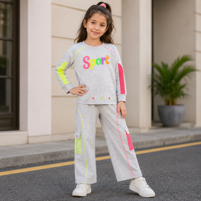 Smile Baby Girls Sport Co-Ord Set | Grey Full Sleeve Sweatshirt & Pants | Neon Detail | Kids Casual Wear 
