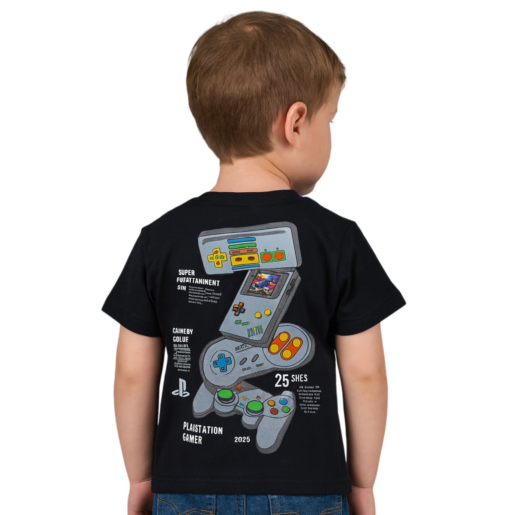 Smile Baby Boys’ Black Gamer T-Shirt – Vintage Console & PlayStation Print – Age 4 to 12 Years