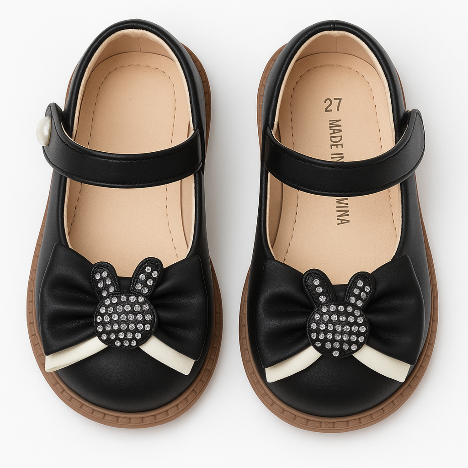 Smile Baby Girls Belly Shoes with Bunny Bow – Black & Pink | Party Wear