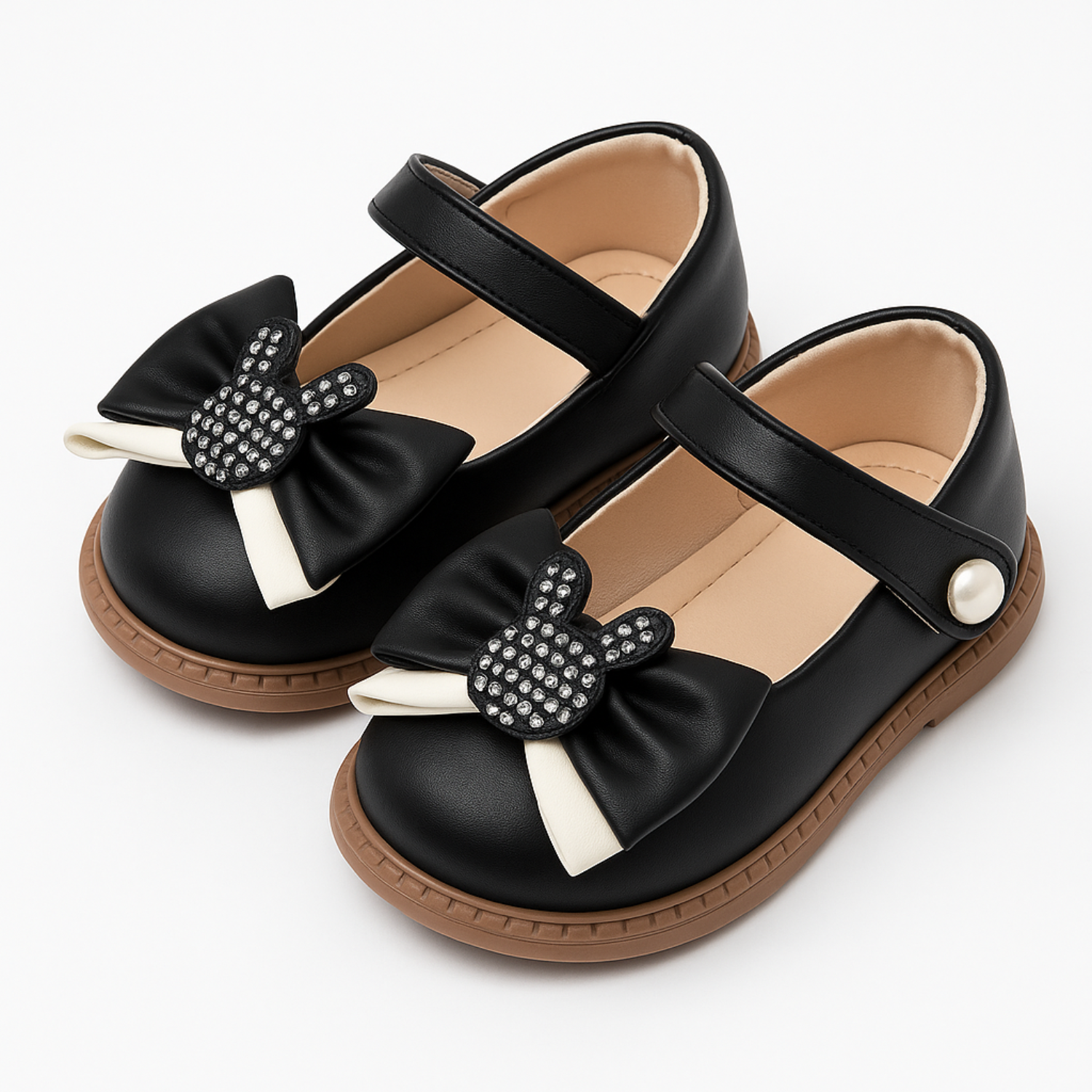 Smile Baby Girls Belly Shoes with Bunny Bow – Black & Pink | Party Wear