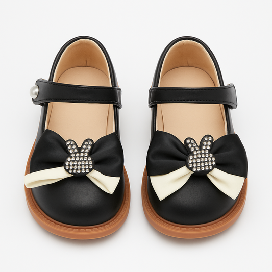 Smile Baby Girls Belly Shoes with Bunny Bow – Black & Pink | Party Wear