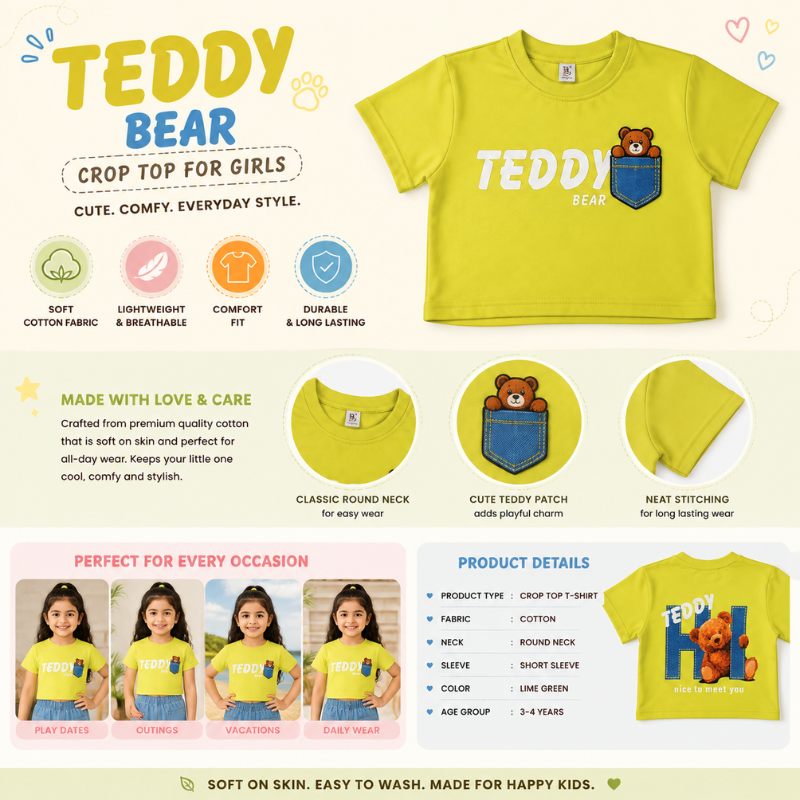 Girls Teddy Bear Crop Top T-Shirt – Lime Green Cotton Half Sleeve Top | 1–5 Years