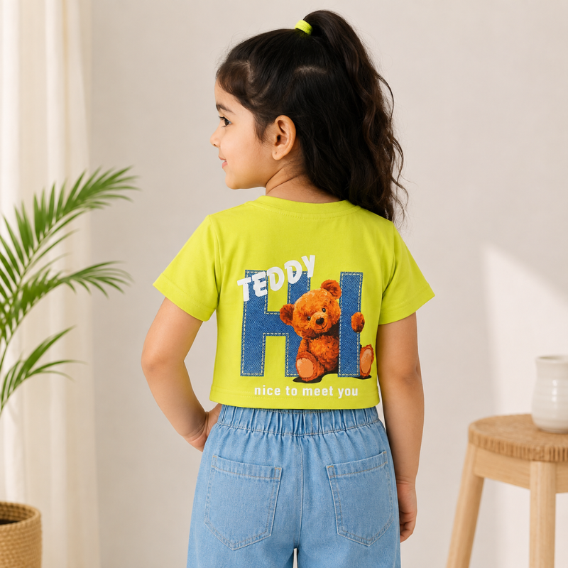 Girls Teddy Bear Crop Top T-Shirt – Lime Green Cotton Half Sleeve Top | 1–5 Years