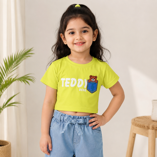 Girls Teddy Bear Crop Top T-Shirt – Lime Green Cotton Half Sleeve Top | 1–5 Years