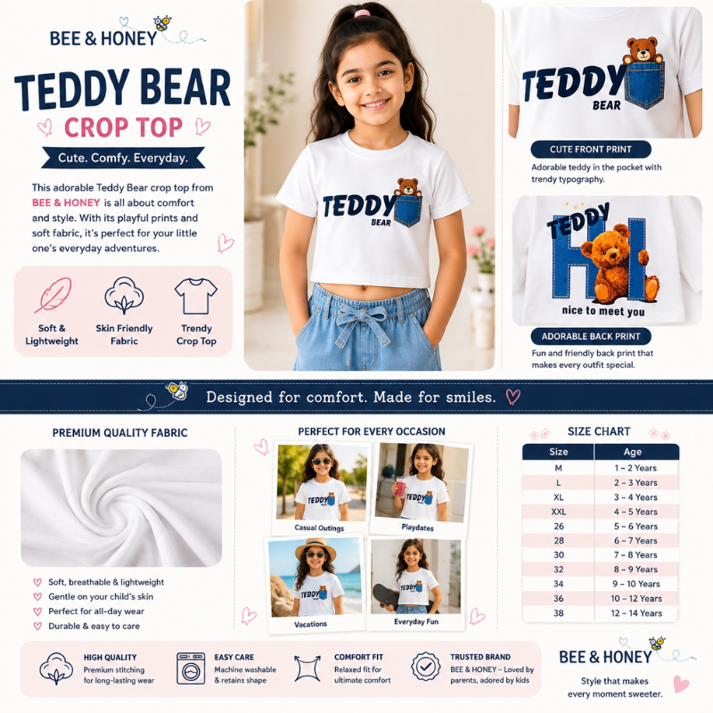 BEE & HONEY Girls Teddy Bear Crop Top T-Shirt – White Half Sleeve Casual Top | 1–14 Years