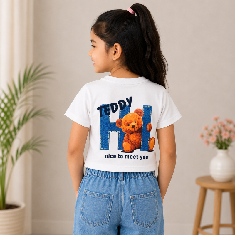 BEE & HONEY Girls Teddy Bear Crop Top T-Shirt – White Half Sleeve Casual Top | 1–14 Years