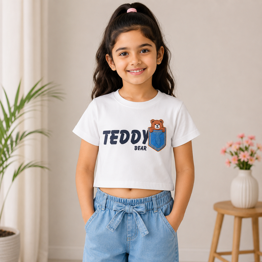 BEE & HONEY Girls Teddy Bear Crop Top T-Shirt – White Half Sleeve Casual Top | 1–14 Years