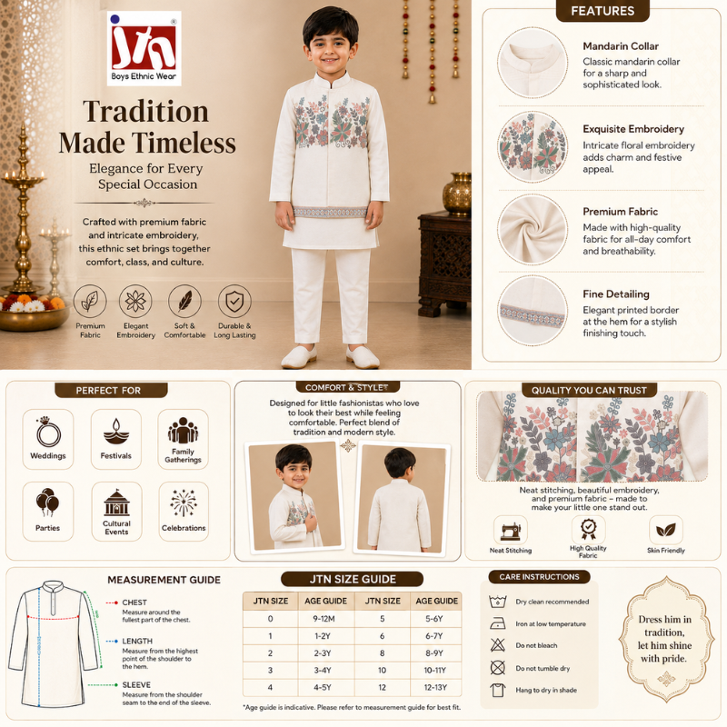 JTN Boys Ethnic Wear Embroidered Kurta Pajama Set – Ivory
