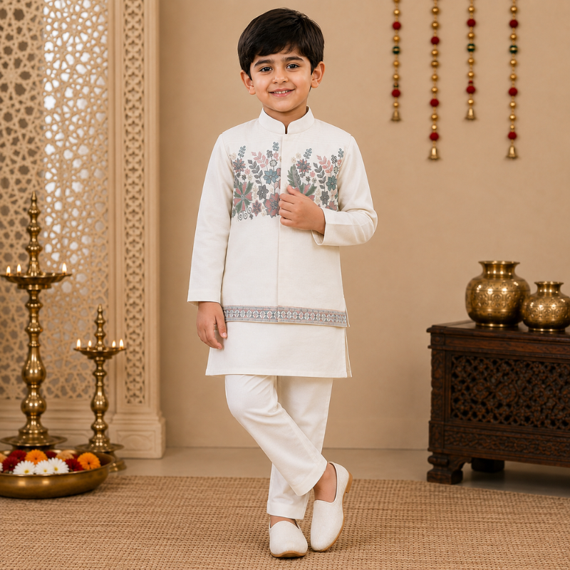 JTN Boys Ethnic Wear Embroidered Kurta Pajama Set – Ivory