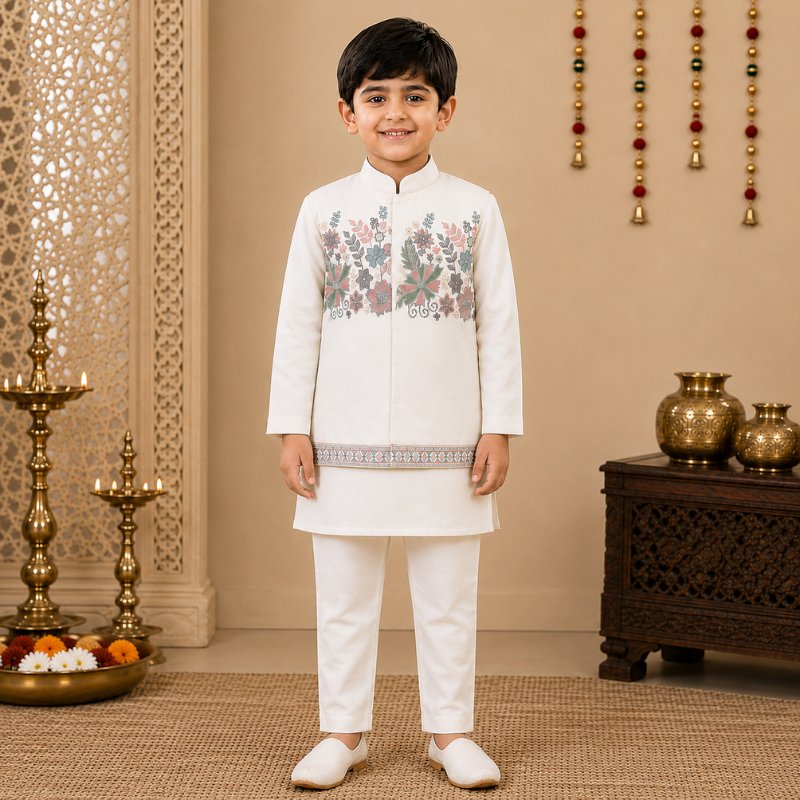 JTN Boys Ethnic Wear Embroidered Kurta Pajama Set – Ivory
