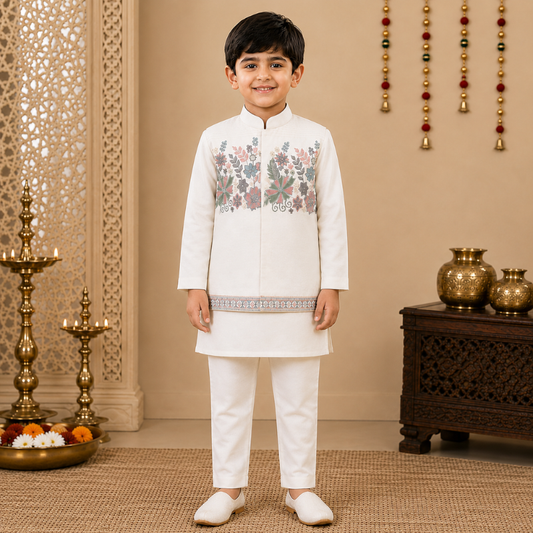 JTN Boys Ethnic Wear Embroidered Kurta Pajama Set – Ivory