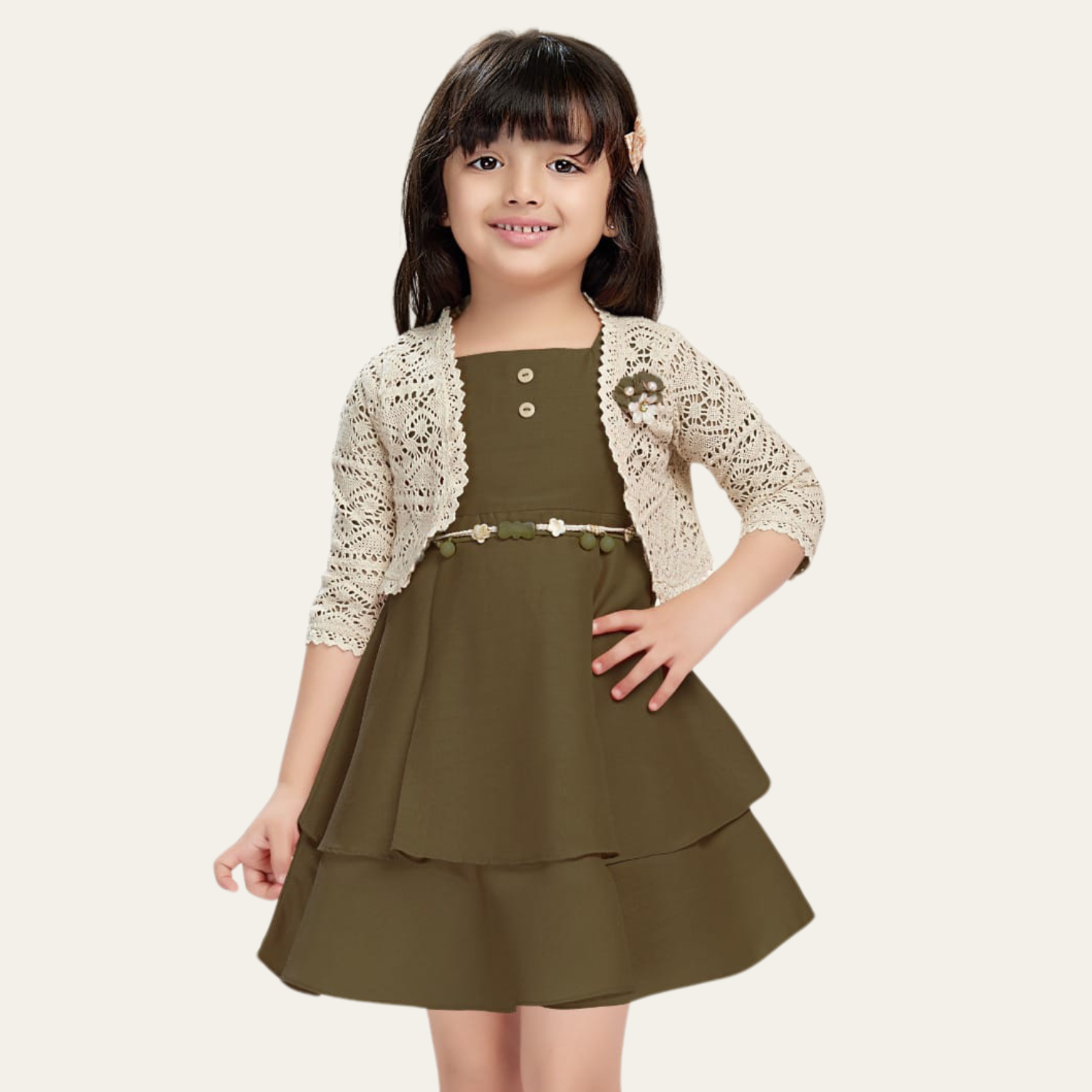 SMILE BABY Girls Layered Dress with Crochet Shrug Rust, Olive & Mustard SMILE BABY Girls Layered Dress with Crochet Shrug Rust, Olive & Mustard