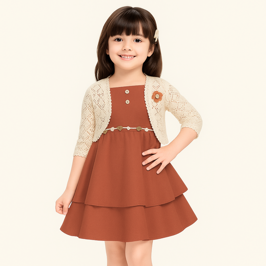 SMILE BABY Girls Layered Party Dress with Crochet Shrug – Rust, Olive Green & Mustard