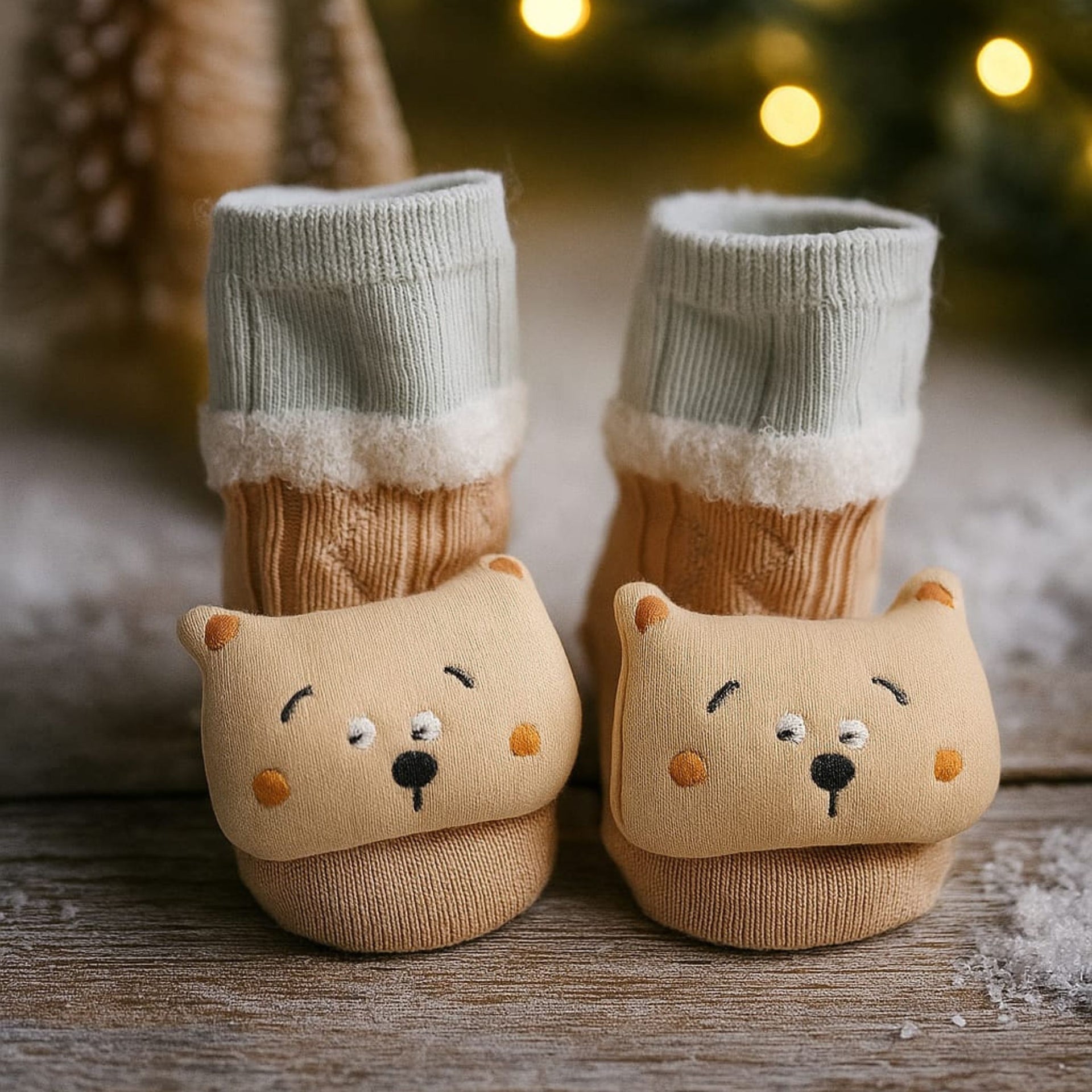 SMILE BABY Newborn Baby Booties | Soft Cotton Booties with Cute Animal Designs | Warm & Comfortable Infant Footwear (0–12 Months) | Pack of 2 – Beige & Blue