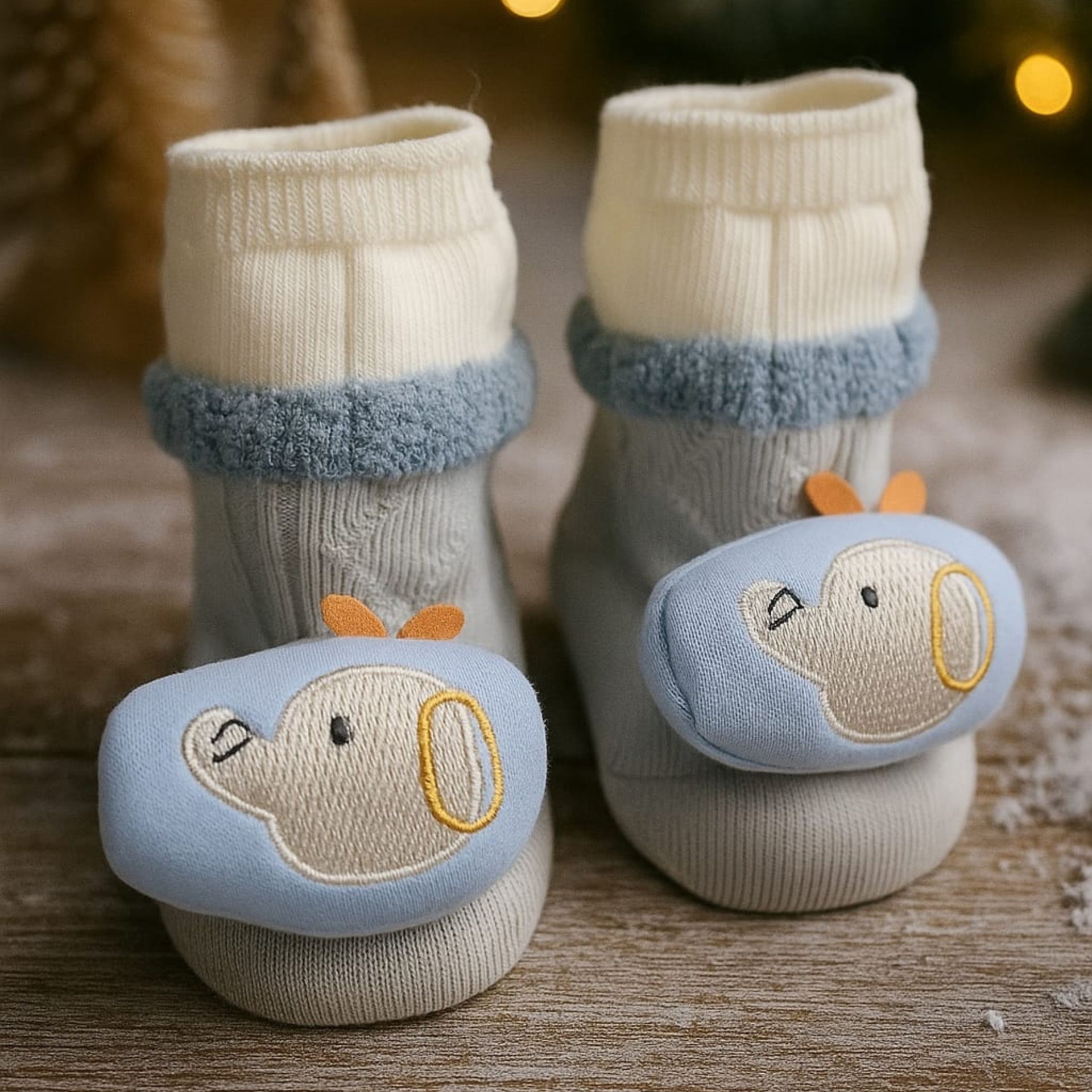 SMILE BABY Newborn Baby Booties | Soft Cotton Booties with Cute Animal Designs | Warm & Comfortable Infant Footwear (0–12 Months) | Pack of 2 – Beige & Blue